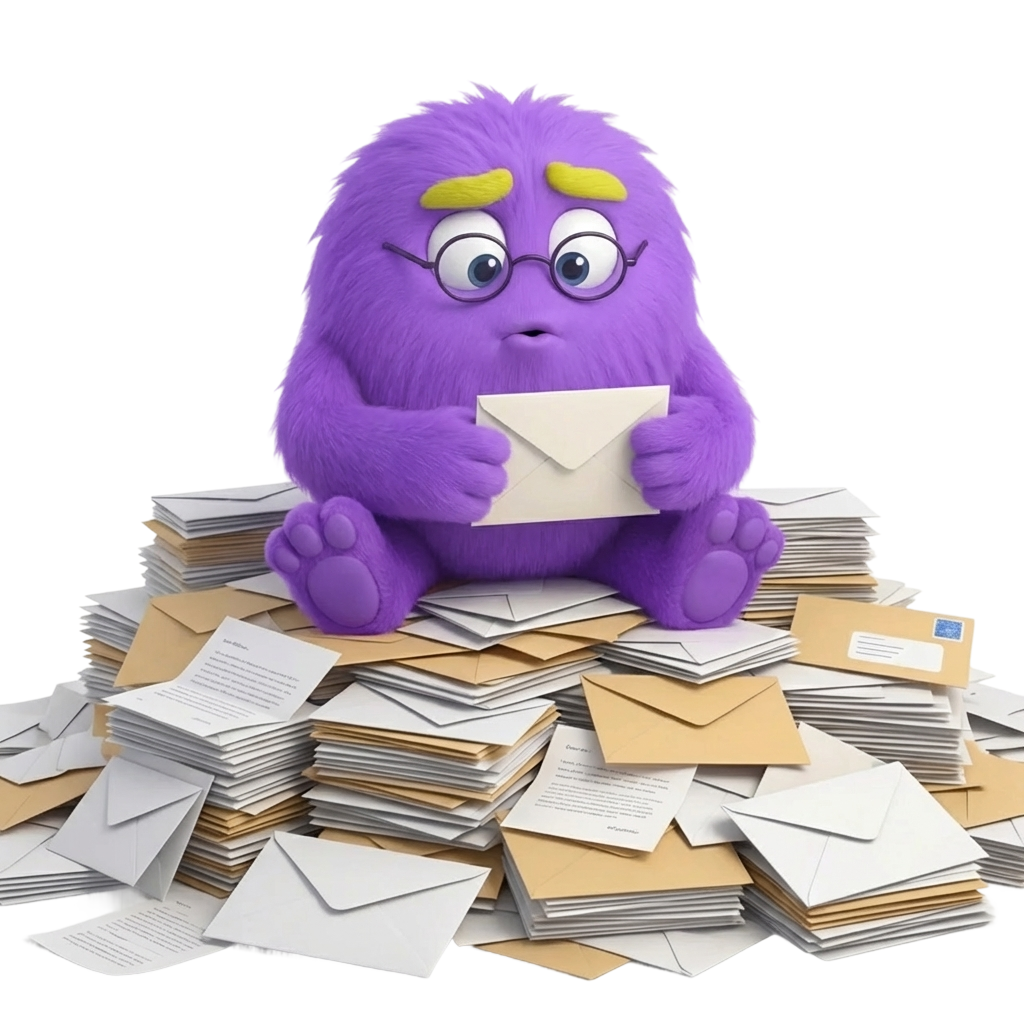 Smooth Money mascot sitting on a pile of envelopes